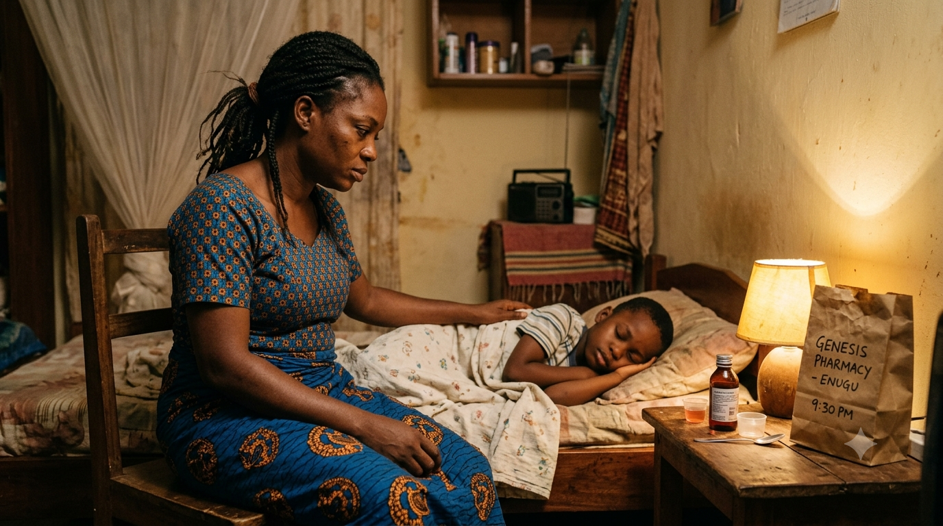Nigerian mother sitting beside sick child's bed